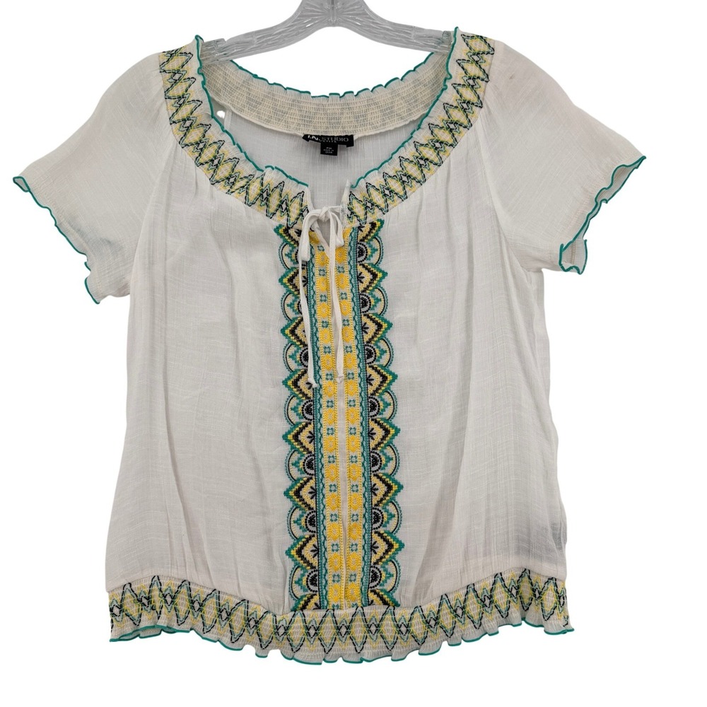 I.N. Studio Petite White Embroidered Gauze Boho Peasant Blouse PM Lightweight